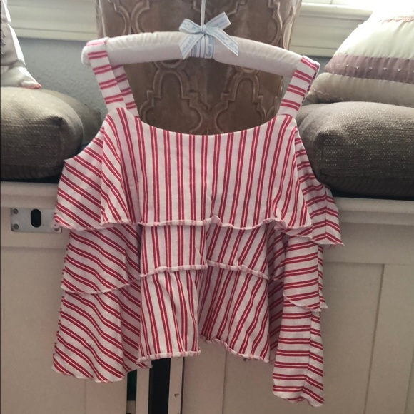 Zara Red and White Striped Ruffle Top - Picture 1 of 4